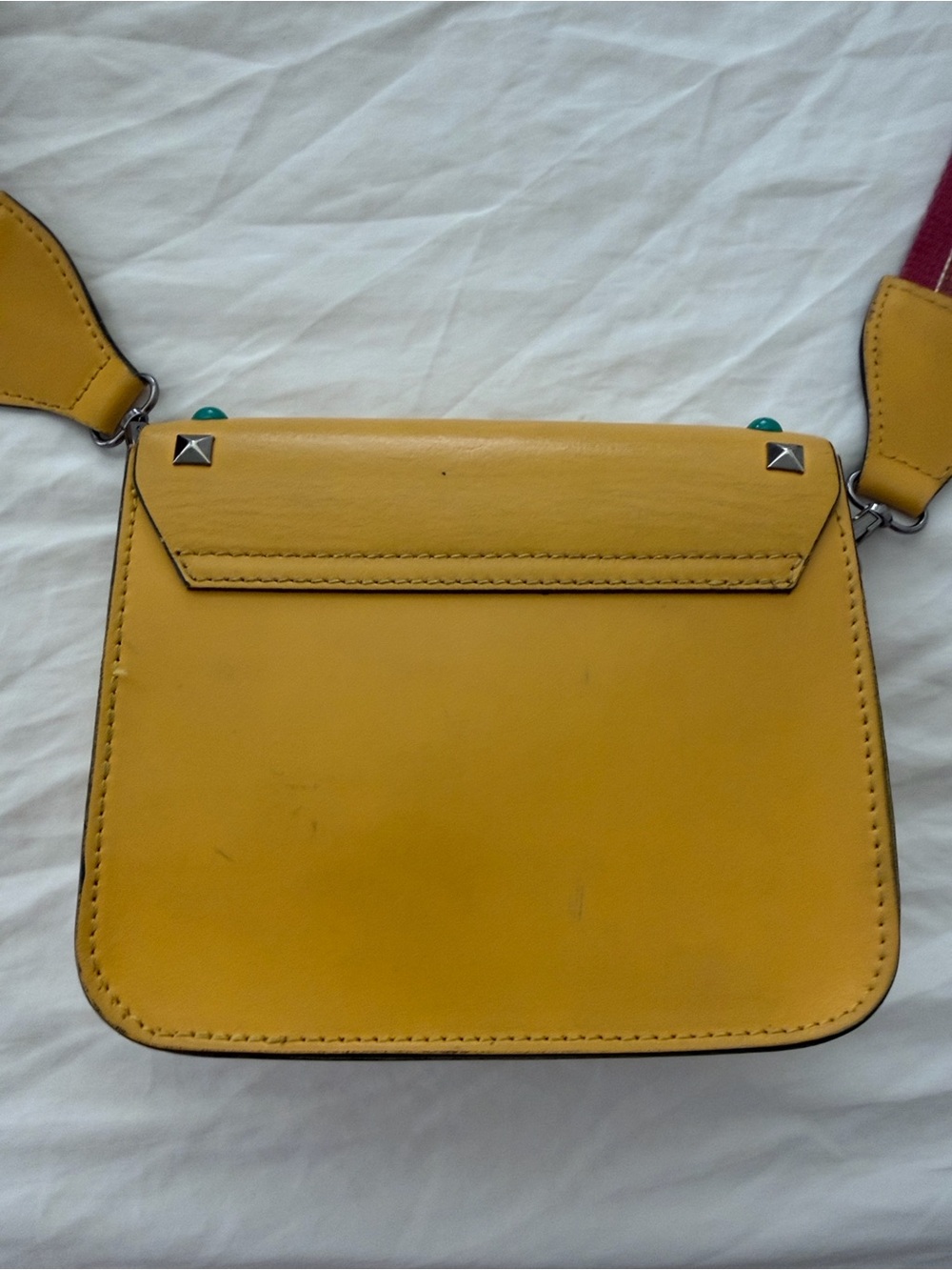 Genuine Leather Studded Crossbody Bag Guitar Strap Mustard Yellow Boho - Picture 6 of 9